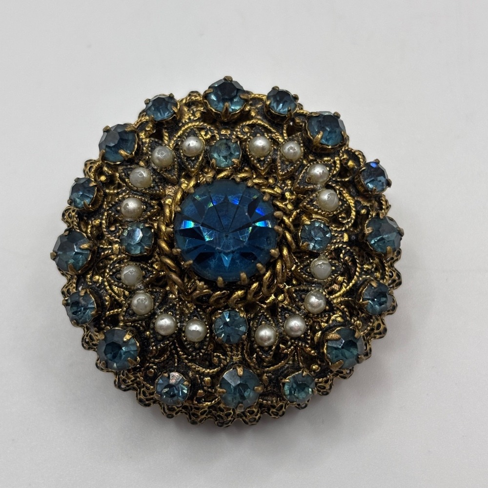 Vintage Gold Tone Filigree Brooch Blue Rhinestones Faux Pearls